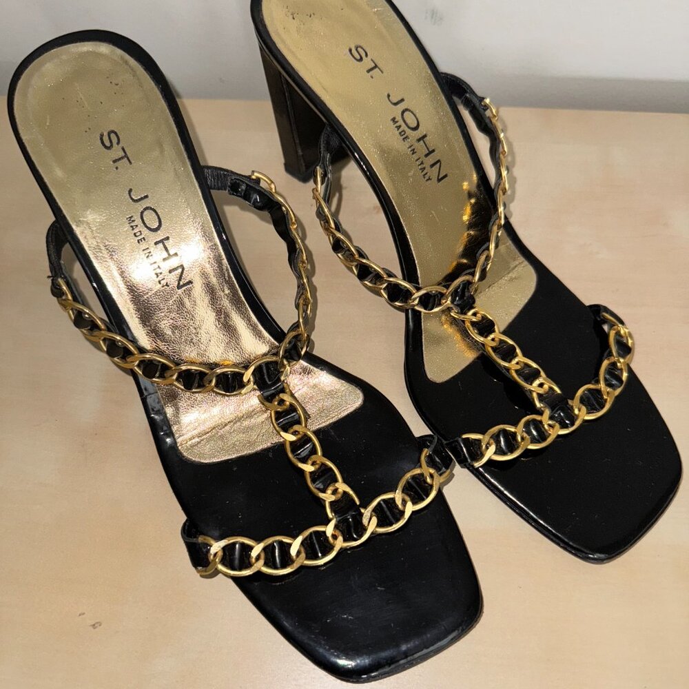 St. John Black Patent Leather Heel Sandals Size 8.5 M Catena Strappy Gold Chain